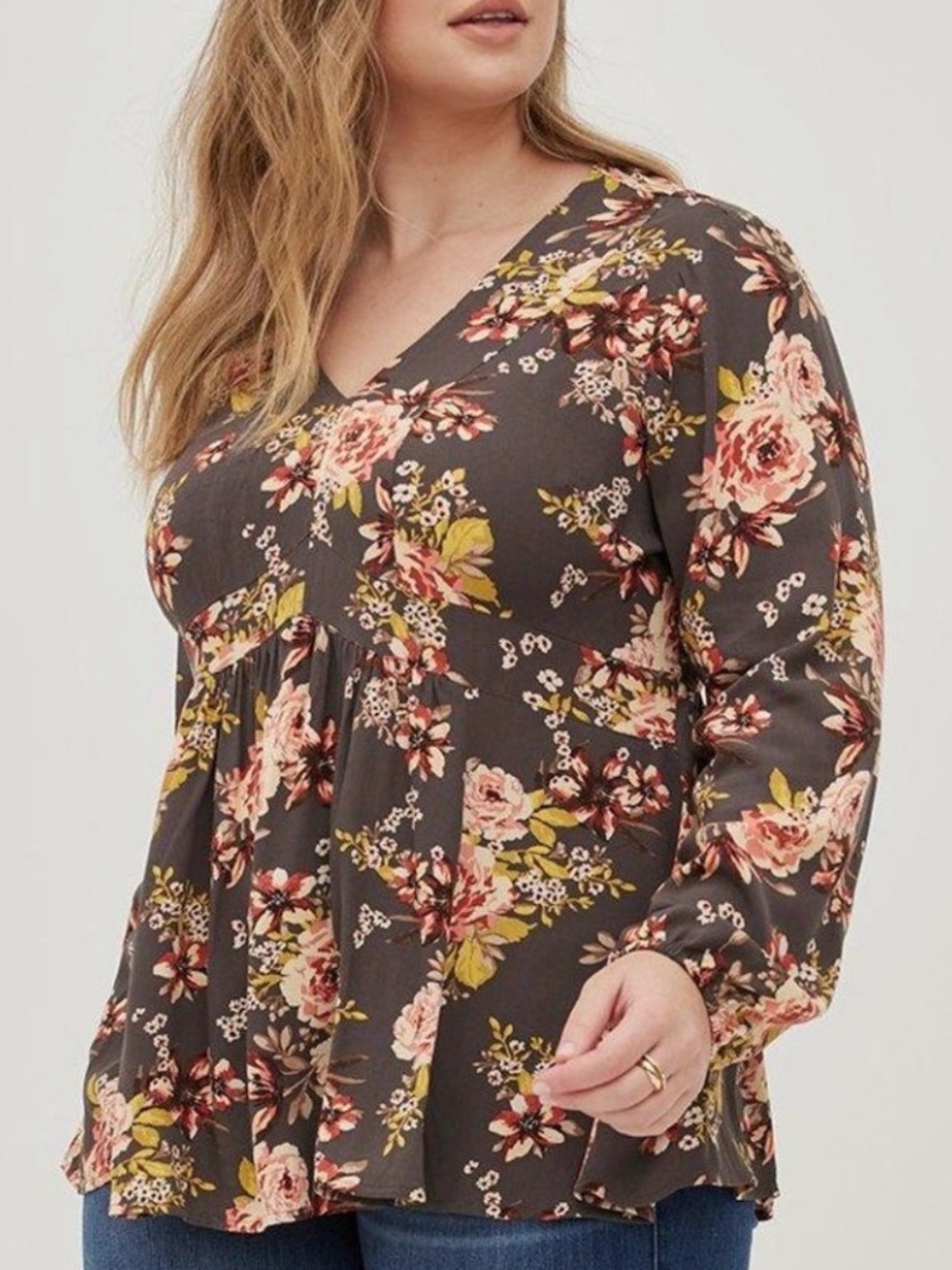 torrid Dark Floral V-Neck Babydoll Blouse - Size 1X